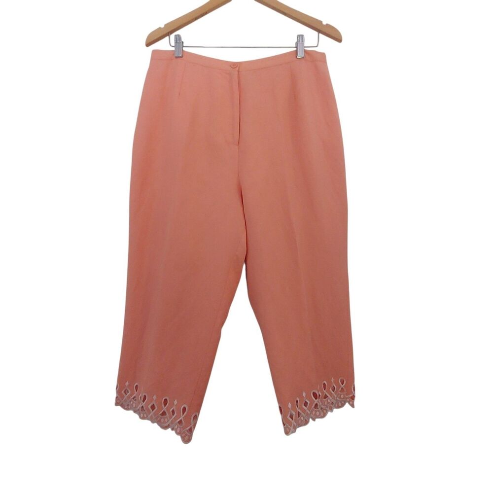Bob Mackie Wearable Art Peach Crop Pants Size Large Eyelet Trim Detail Linen